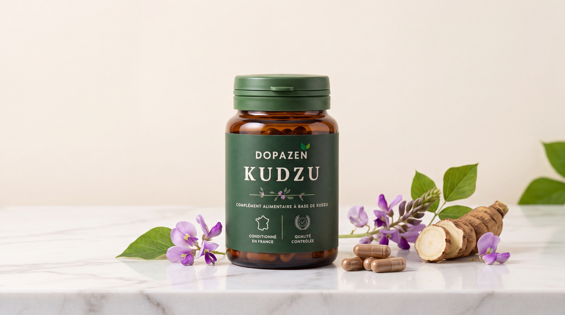 Pot Dopazen avec sa composition : gélules, racine de kudzu et fleurs violettes