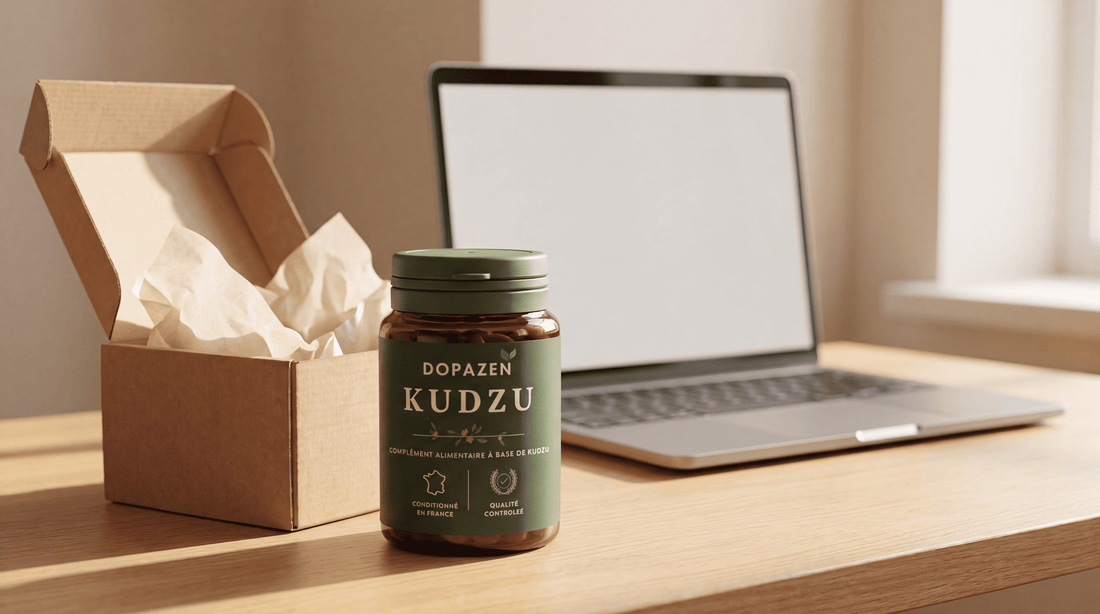 Pot Dopazen kudzu devant un carton de livraison et un ordinateur portable, achat sur le site officiel
