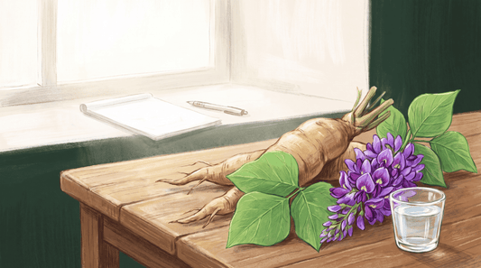 Racine, feuilles et fleurs violettes de kudzu sur une table, illustration d'une alternative naturelle sans ordonnance