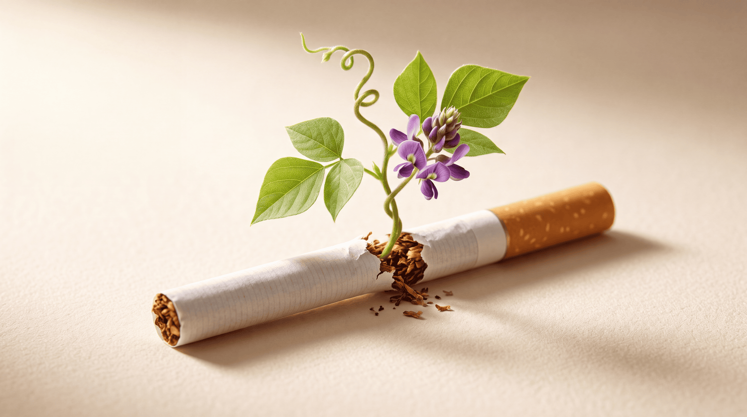 Cigarette brisée d'où pousse une liane de kudzu aux fleurs violettes